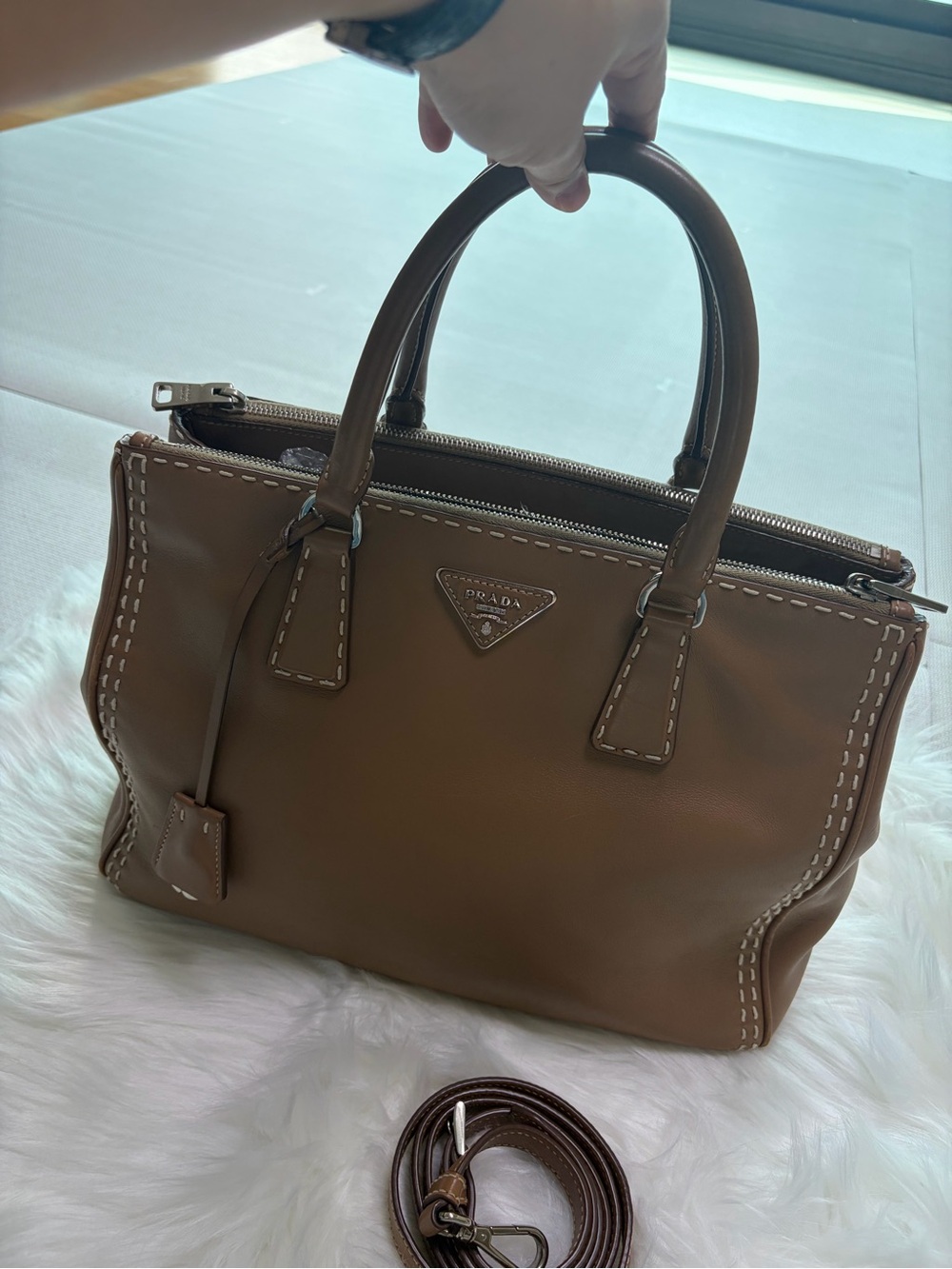 Prada Tan Leather Satchel with Stitch Detailing - Picture 2 of 16
